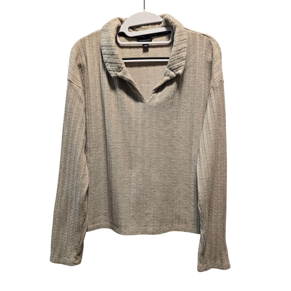 Tahari Womens XL Ribbed Long Sleeve Collared Sweater Neutral Tan Ribbed Knit Top